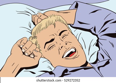 Stock illustration. People in retro style. Presentation template. Young man is waking in bed morning. He is yawning and stretching his arms up. 