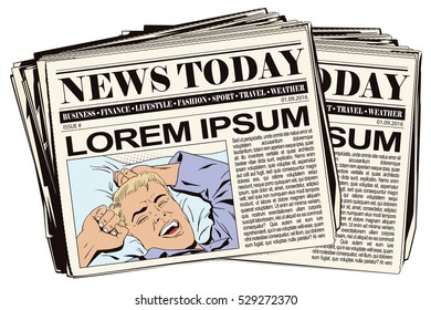 Stock illustration. People in retro style. Presentation template. Young man is waking in bed morning. He is yawning and stretching his arms up. Newspaper article.