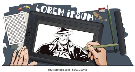 Stock illustration. People in retro style. Presentation template. Confident a private detective. Retro dressed investigator. Hand paints picture on tablet.