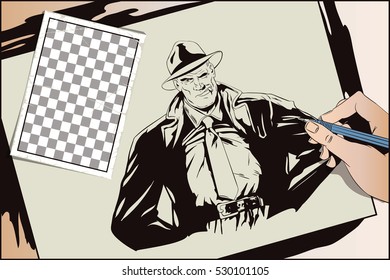 Stock illustration. People in retro style. Presentation template. Confident a private detective. Retro dressed investigator. Hand paints picture