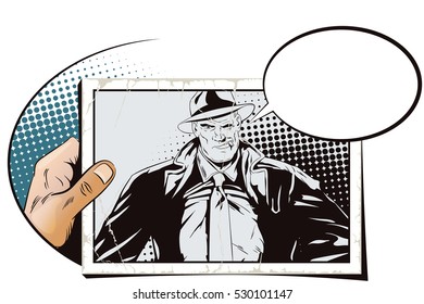 Stock illustration. People in retro style. Presentation template. Confident a private detective. Retro dressed investigator. Hand with photo.