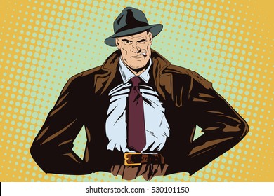 Stock illustration. People in retro style. Presentation template. Confident a private detective. Retro dressed investigator.