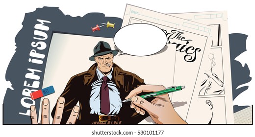 Stock illustration. People in retro style. Presentation template. Confident a private detective. Retro dressed investigator. Hand paints picture