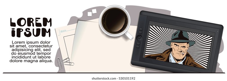 Stock illustration. People in retro style. Presentation template. Confident a private detective. Retro dressed investigator. Advertising your products.