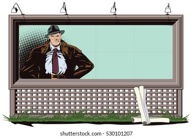 Stock illustration. People in retro style. Presentation template. Confident a private detective. Retro dressed investigator. Poster for your brand.