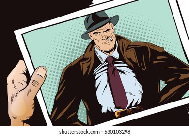 Stock illustration. People in retro style. Presentation template. Confident a private detective. Retro dressed investigator. Hand with photo.