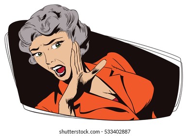 Stock illustration. People in retro style. Presentation template. Girl screaming in horror.