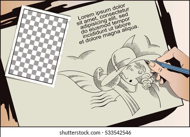 Stock illustration. People in retro style. Presentation template. Abstract composition with a portrait of a girl and bird. Hand paints picture.