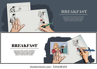 Stock illustration. People in retro style pop art and vintage advertising. Waitress with breakfast. Hand paints picture.
