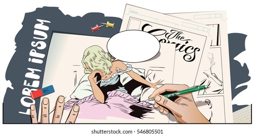 Stock illustration. People in retro style. Presentation template. Sad girl in bed. Hand paints picture.