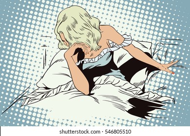 Stock illustration. People in retro style. Presentation template. Sad girl in bed.