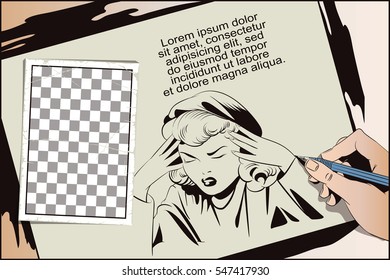 Stock illustration. People in retro style. Presentation template. Upset woman grabbed hands behind her head. Hand paints picture.