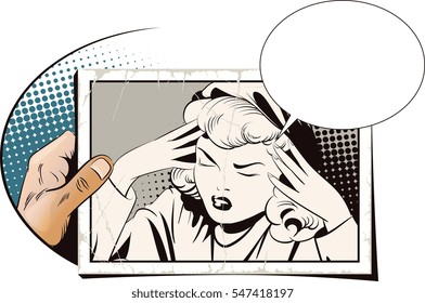 Stock illustration. People in retro style. Presentation template. Upset woman grabbed hands behind her head. Hand with photo.