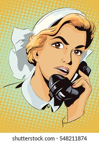 Stock illustration. People in retro style. Presentation template. Portrait of female nurse using vintage phone.