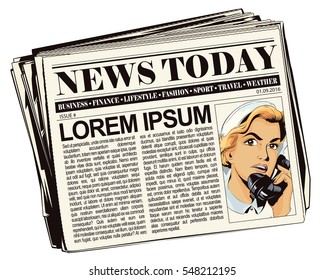 Stock illustration. People in retro style. Presentation template. Portrait of female nurse using vintage phone. Newspaper article.