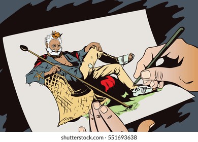 Stock illustration. People in retro style. Presentation template. King on a desert island. Beggar King. Hand paints picture.