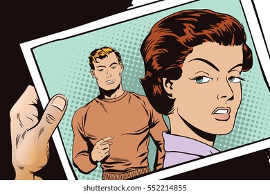 Stock illustration. People in retro style. Presentation template. Girl offended on guy. Hand with photo.