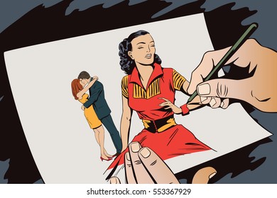Stock illustration. People in retro style. Presentation template. Upset girl runs away from kissing couple. Hand paints picture.