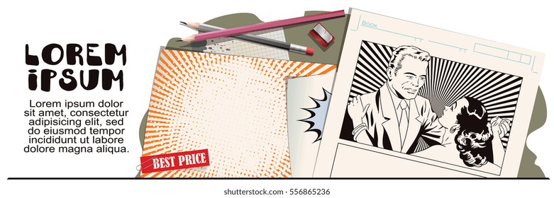 Stock illustration. People in retro style pop art and vintage advertising. Dancing couple. Advertising your products.