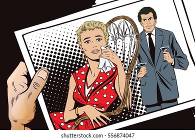 Stock illustration. People in retro style. Presentation template. Sad beautiful girl sitting in chair. Hand with photo.