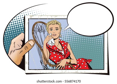 Stock illustration. People in retro style. Presentation template. Sad beautiful girl sitting in chair. Hand with photo.