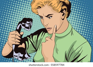 Stock illustration. People in retro style. Presentation template. Girl scolds handset old phone.