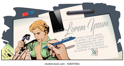 Stock illustration. People in retro style. Presentation template. Girl scolds handset old phone. Hand paints picture.