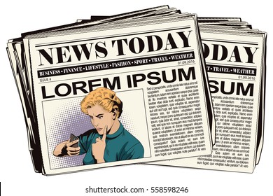Stock illustration. People in retro style. Presentation template. Girl scolds smartphone. Newspaper article.