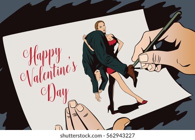 Stock illustration. People in retro style. Presentation template. Woman carries on shoulder of a man. Happy Valentine's day.