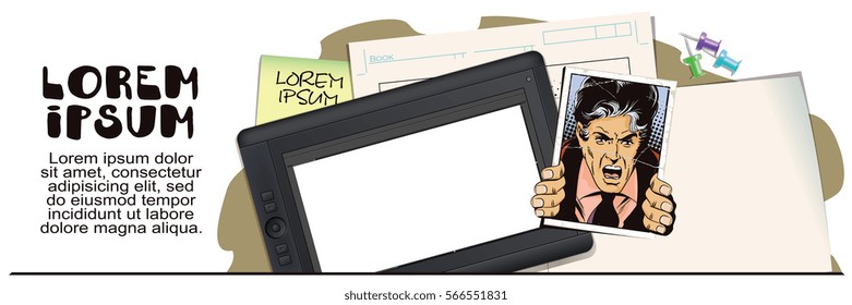 Stock illustration. People in retro style. Presentation template. Angry men want to escape from photo.