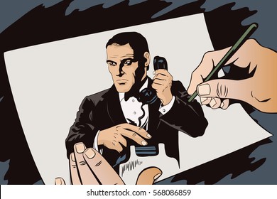 Stock illustration. People in retro style. Presentation template. Secret Agent is calling on phone. Businessman with phone.