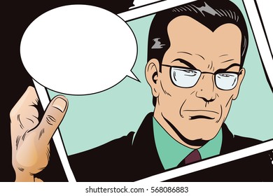 Stock illustration. People in retro style. Presentation template. Strict businessman.