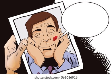 Stock illustration. People in retro style. Presentation template. Happy man after a kiss.