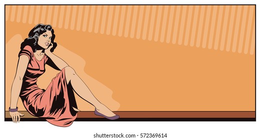 Stock illustration. People in retro style. Presentation template. Cute girl sitting on the railing.