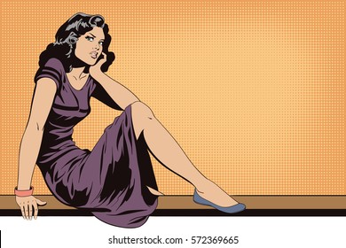 Stock illustration. People in retro style. Presentation template. Cute girl sitting on the railing.