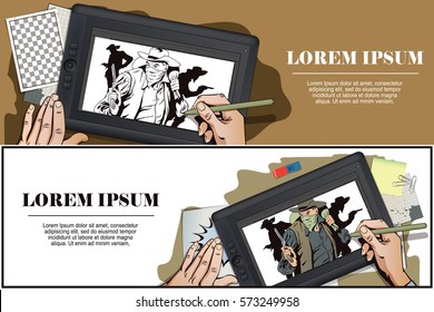 Stock illustration. People in retro style. Presentation template. Robber running away with money. Cowboys wild west. Hand paints picture on tablet.