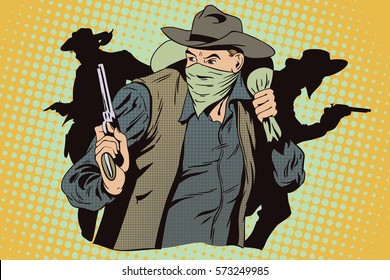 Stock illustration. People in retro style. Presentation template. Robber running away with money. Cowboys wild west.