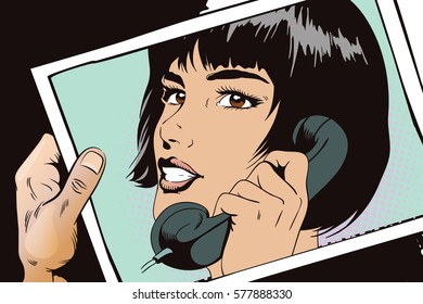 Stock illustration. People in retro style. Presentation template. Girl with phone.