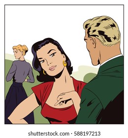 Stock illustration. People in retro style pop art and vintage advertising. Loving couple in office. Young woman is jealous.