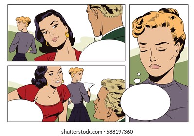 Stock illustration. People in retro style pop art and vintage advertising. Loving couple in office. Young woman is jealous.