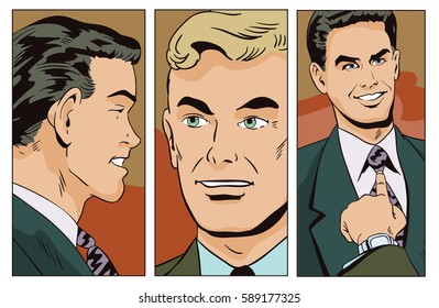 Stock illustration. People in retro style pop art and vintage advertising. Businessman talking something a colleague. 
