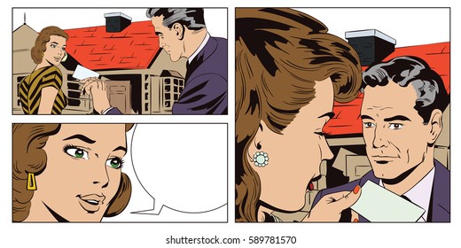 Stock illustration. People in retro style pop art and vintage advertising. Agent real estate with the girl. House for sale. Rental of property.