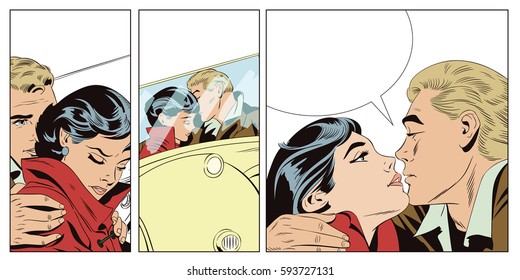Stock illustration. People in retro style pop art and vintage advertising. Lovers guy and girl in a retro car.