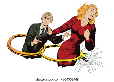 Stock illustration. People in retro style. Presentation template. Girl refuses to marry guy.