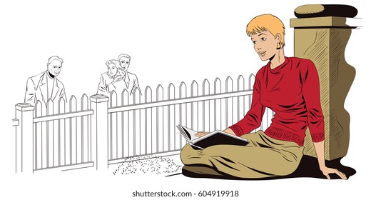 Stock illustration. People in retro style. Presentation template. Girl is reading book on terrace of house.
