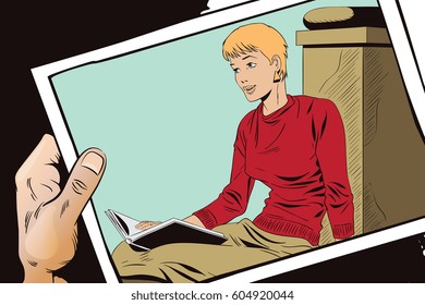 Stock illustration. People in retro style. Presentation template. Girl is reading book on terrace of house. Hand with photo.