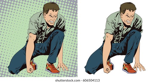 Stock illustration. People in retro style. Man tries to get up from his knees. 