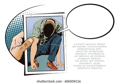 Stock illustration. People in retro style. Man tries to get up from his knees. Hand with photo.