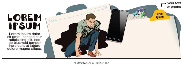 Stock illustration. People in retro style. Man tries to get up from his knees. Advertising your products.
