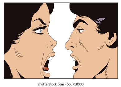 Stock illustration. People in retro style pop art and vintage advertising. Man and woman shout at each other.